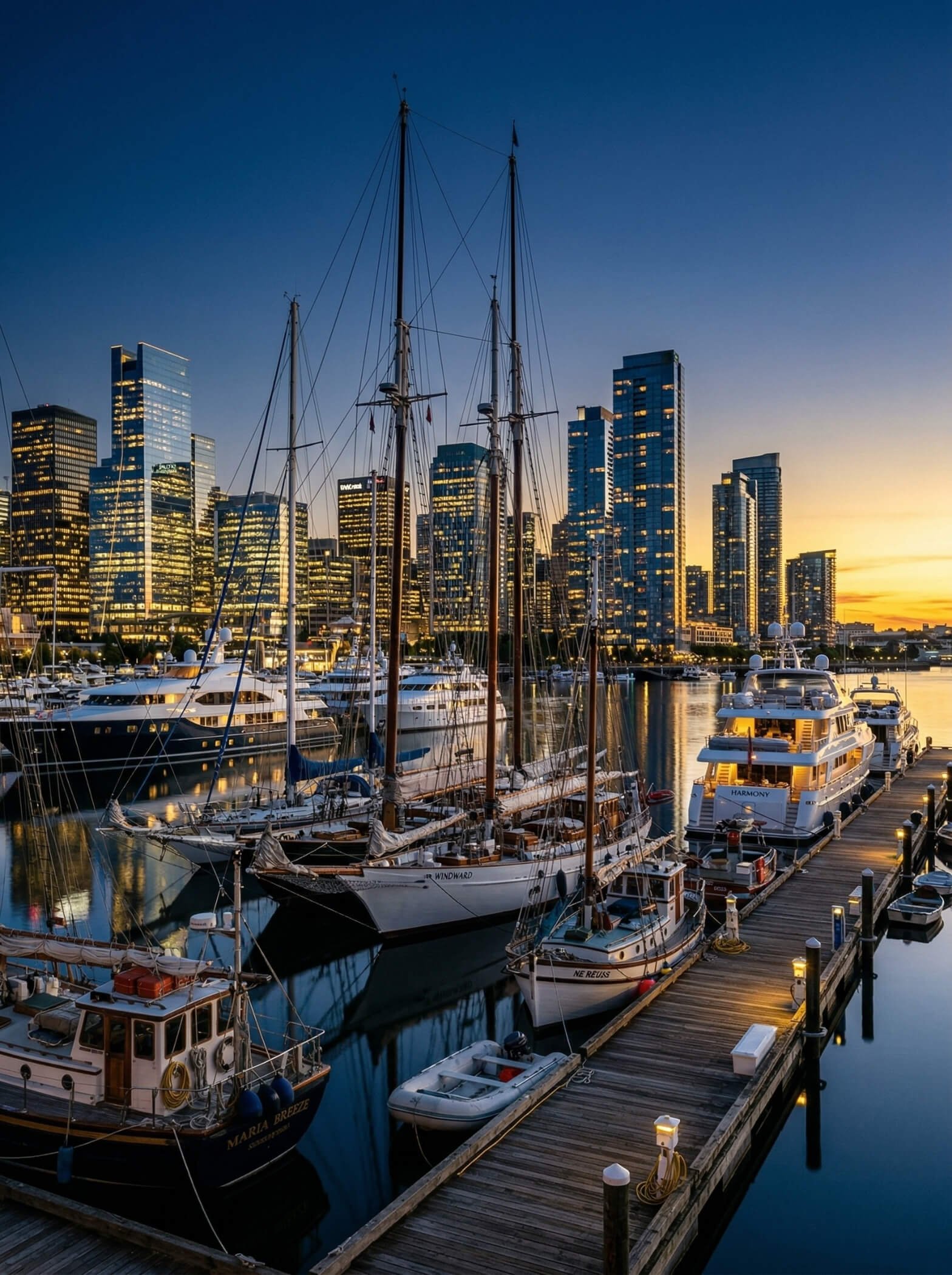 Evening harbour city skyline